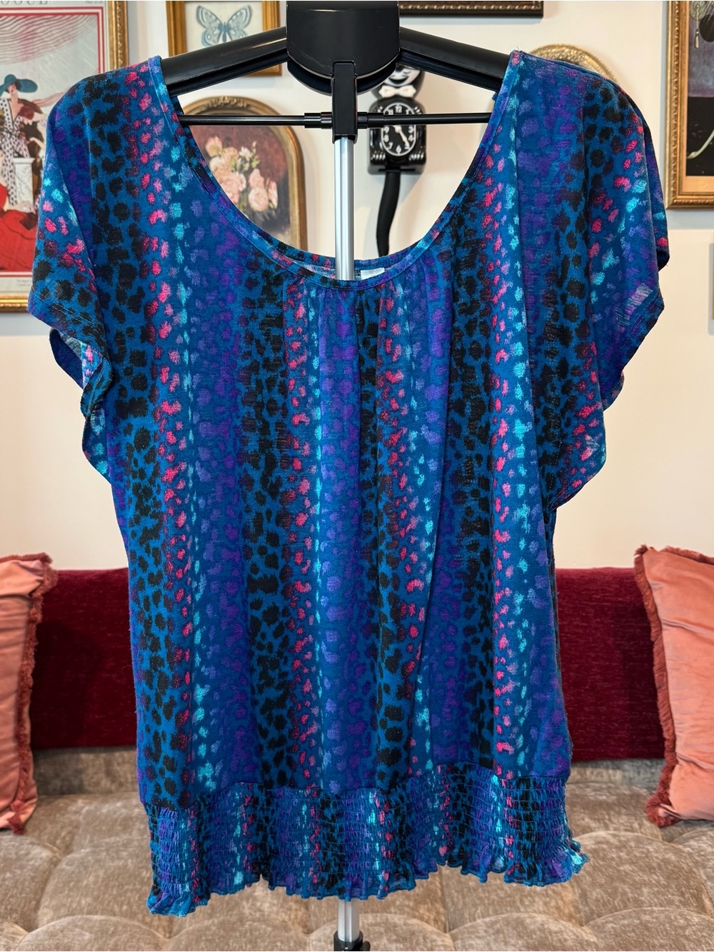No Boundaries Y2K Blue Multicolor Leopard Flutter Sleeve Blouse